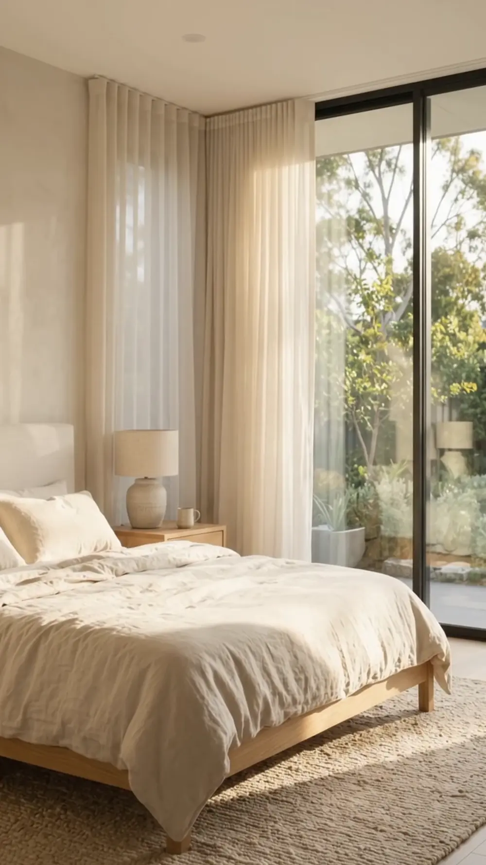 Soft curtains and a calm bedroom in warm daylight