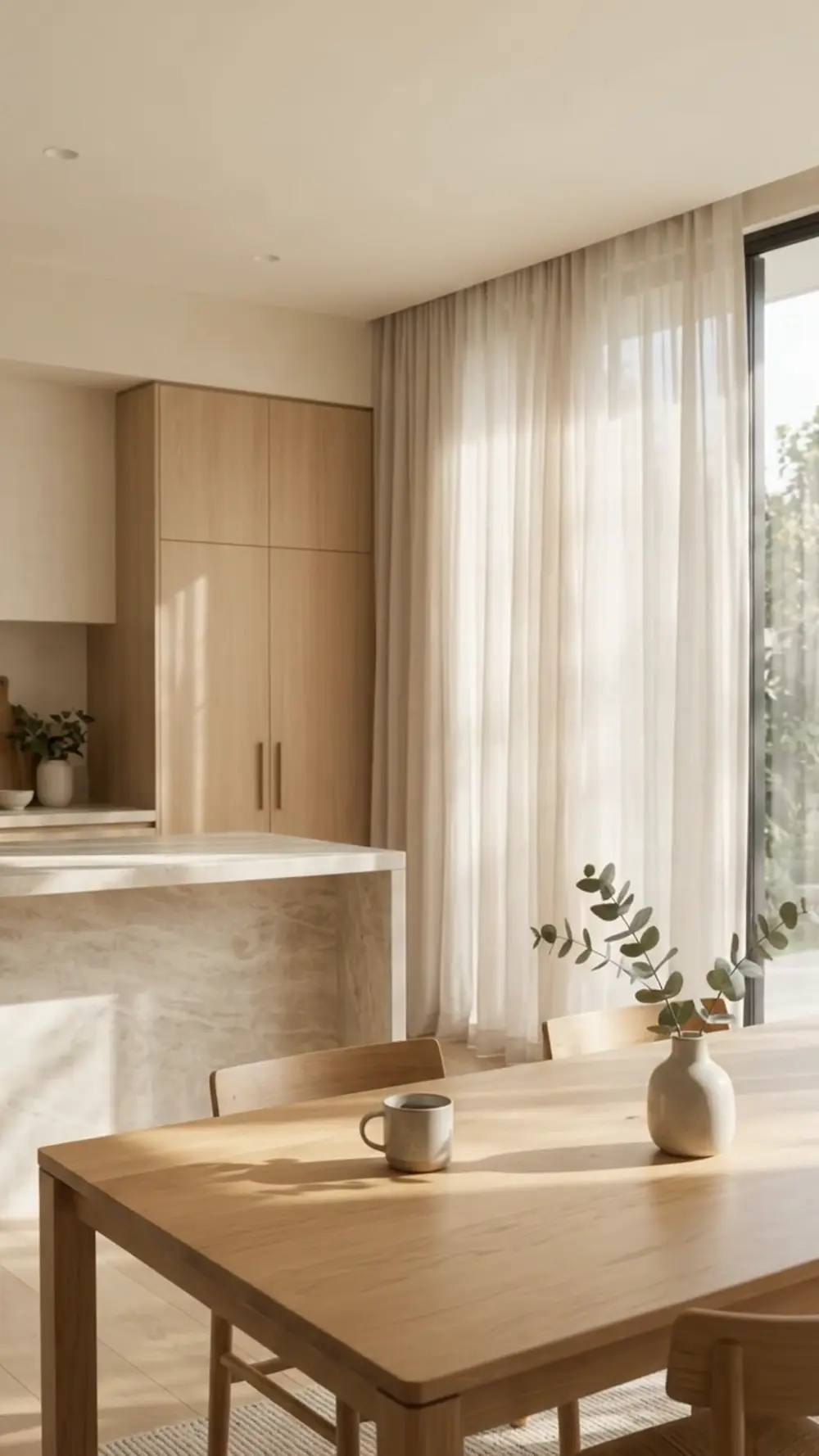 Warm morning light falling across a timber table and softly lit kitchen